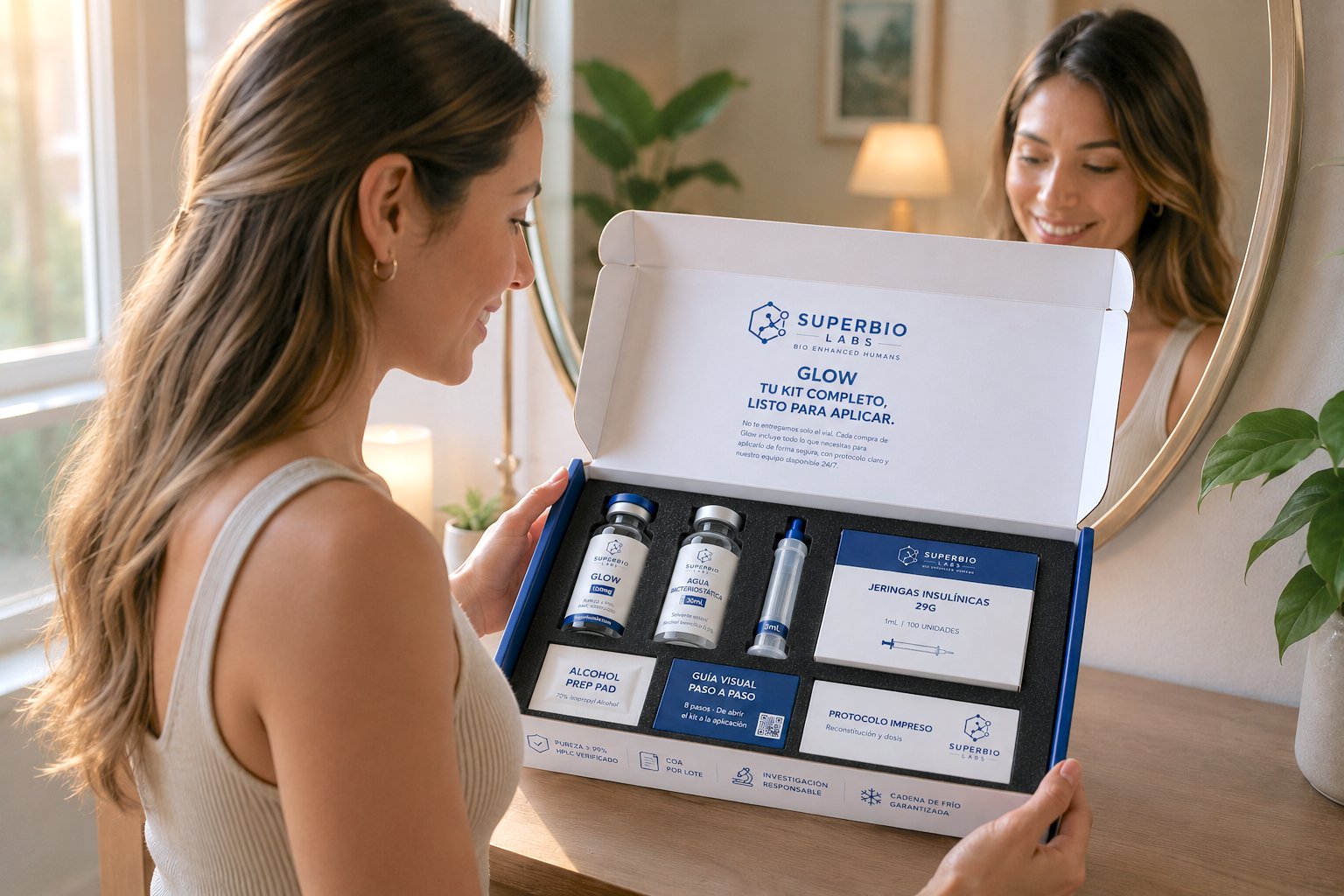 Clienta SuperBio con su kit GLOW completo